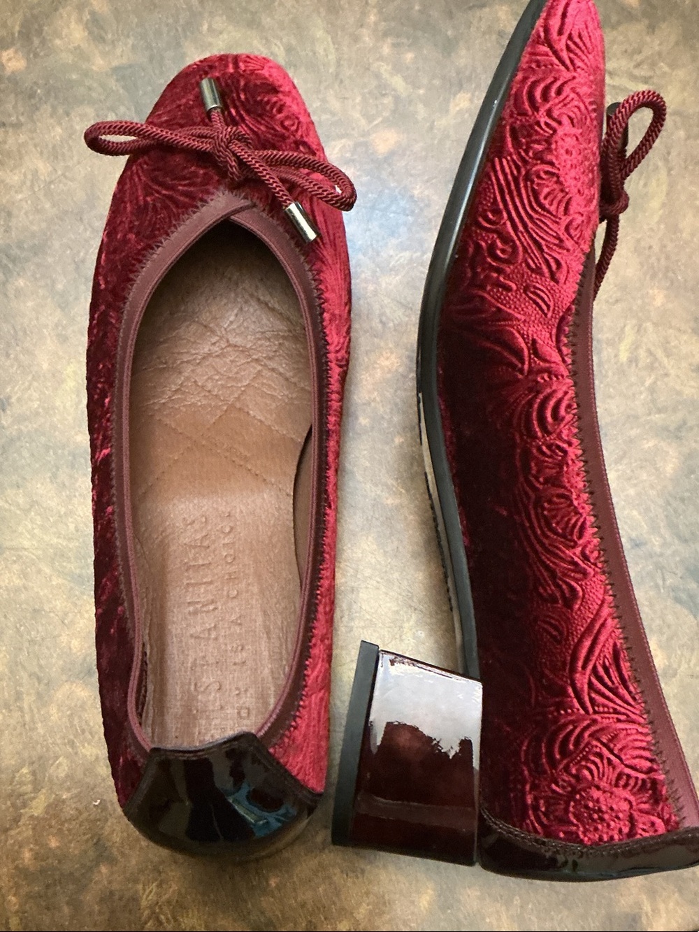Red Velvet Embossed Block Heel Ballet Flat - Women's